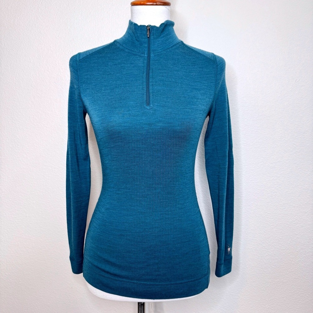 SMARTWOOL Women 1/4 Zip Merino Wool Top Small Teal Long Sleeve REPAIRED Gorpcore